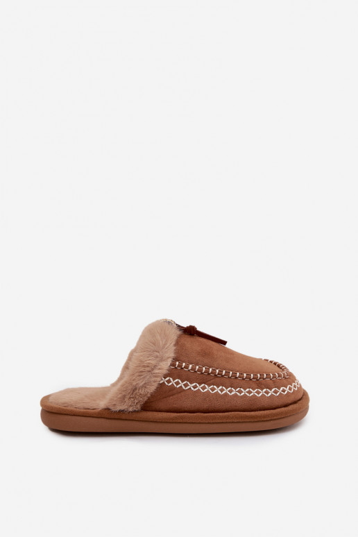 Slippers Dames met bont I Haftem bruine kleur Perivelle