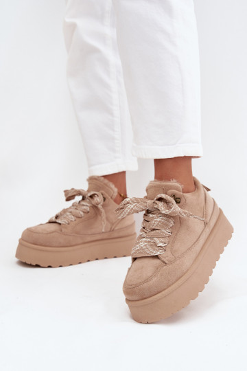 met veters SneeuIn laarzen Dames met platform opInarmen met bont erin beige Tavelle 2