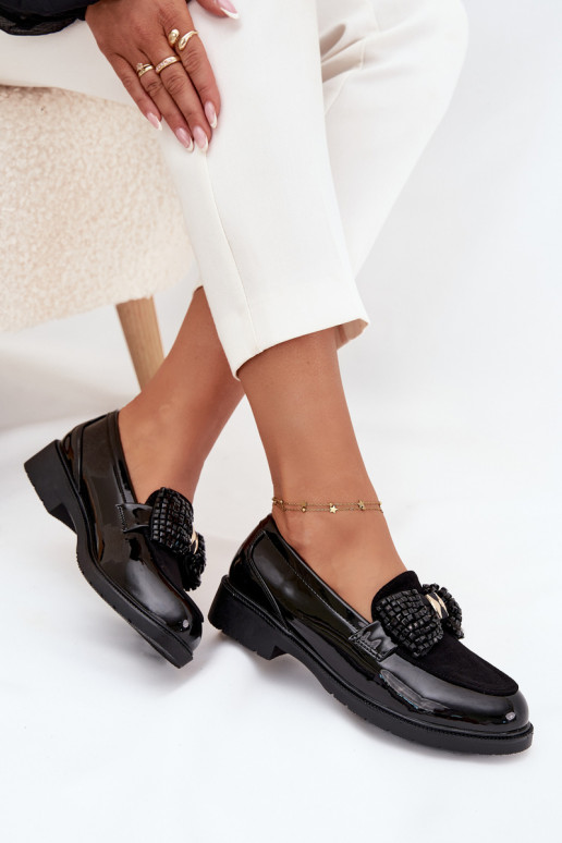 Gelakte mocassins Dames met strikjes S.Barski HY51-319 Zwarte kleur Gelakte mocassins Dames met strikjes S.Barski HY51-319 Zwarte kleur