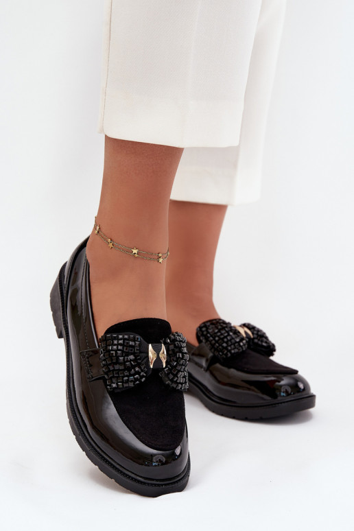 Gelakte mocassins Dames met strikjes S.Barski HY51-319 Zwarte kleur Gelakte mocassins Dames met strikjes S.Barski HY51-319 Zwarte kleur