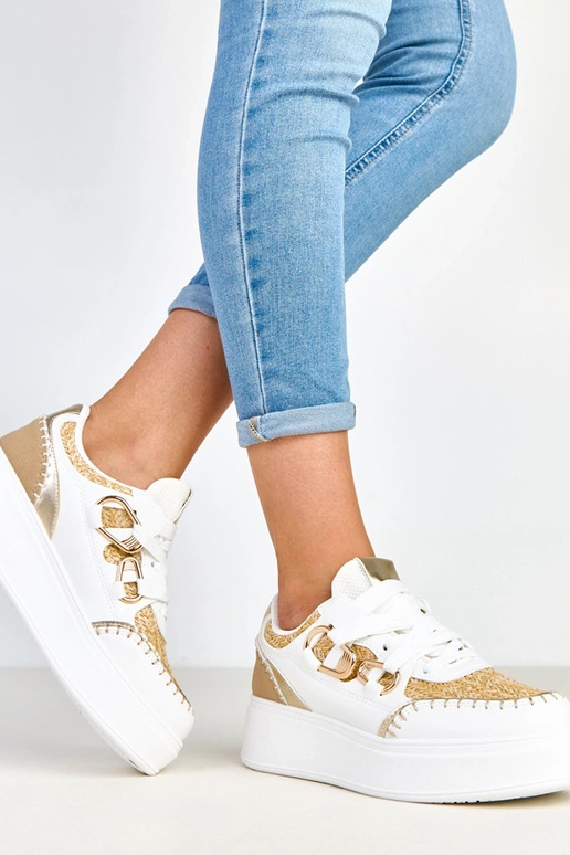 Zandkleurige sneakers op platform met... Zandkleurige sneakers op platform met...