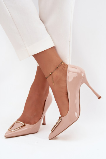 Lakken hoge hakken met gouden details, zandkleur Paivelle