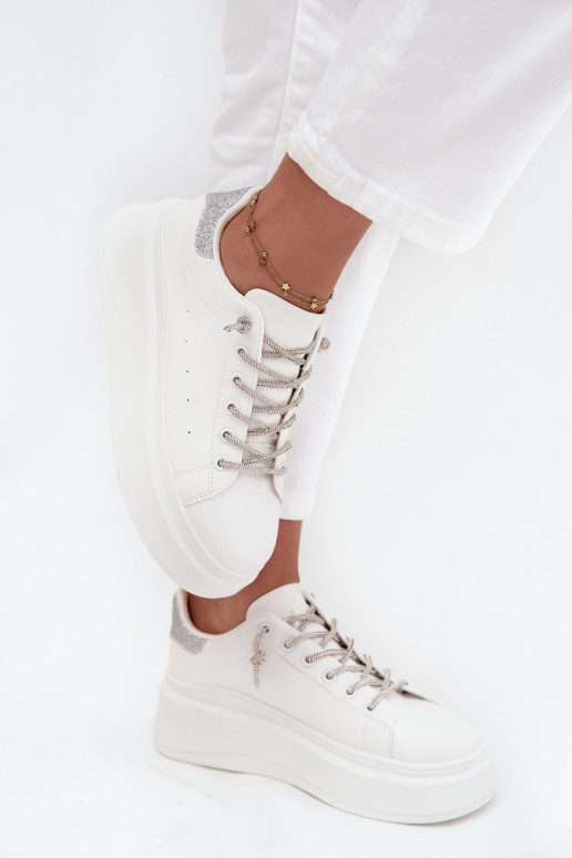 Sneakers model schoenen Dames met platform Met sierlijk Vetersluitingm En glitter Initte kleur Belmira Sneakers model schoenen Dames met platform Met sierlijk Vetersluitingm En glitter Initte kleur Belmira