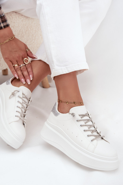 Sneakers model schoenen Dames met platform Met sierlijk Vetersluitingm En glitter Initte kleur Belmira Sneakers model schoenen Dames met platform Met sierlijk Vetersluitingm En glitter Initte kleur Belmira