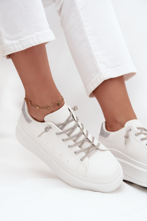 Sneakers model schoenen Dames met platform Met sierlijk Vetersluitingm En glitter Initte kleur Belmira Sneakers model schoenen Dames met platform Met sierlijk Vetersluitingm En glitter Initte kleur Belmira