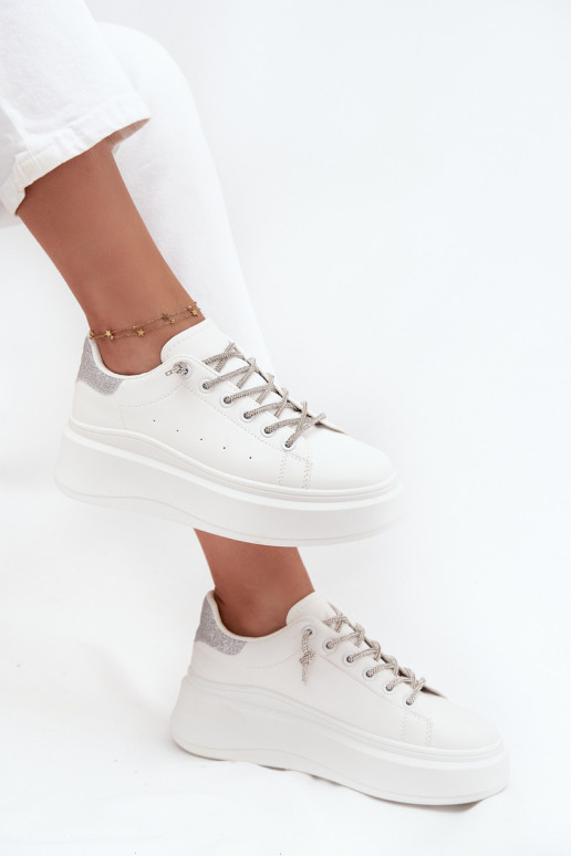 Sneakers model schoenen Dames met platform Met sierlijk Vetersluitingm En glitter Initte kleur Belmira Sneakers model schoenen Dames met platform Met sierlijk Vetersluitingm En glitter Initte kleur Belmira