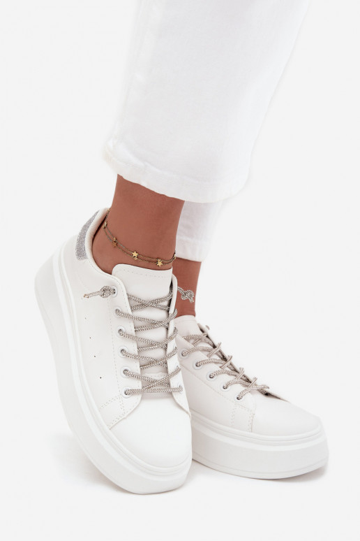 Sneakers model schoenen Dames met platform Met sierlijk Vetersluitingm En glitter Initte kleur Belmira Sneakers model schoenen Dames met platform Met sierlijk Vetersluitingm En glitter Initte kleur Belmira