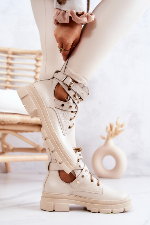 Leer Dames Laarzen Met uitsparingen ivoor Everly Leer Dames Laarzen Met uitsparingen ivoor Everly