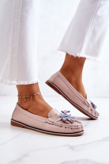 Leer dames mocassins met kInastjes roze Laressa