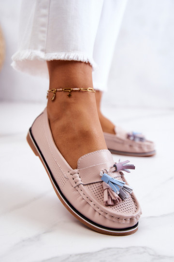 Leer dames mocassins met kInastjes roze Laressa 2