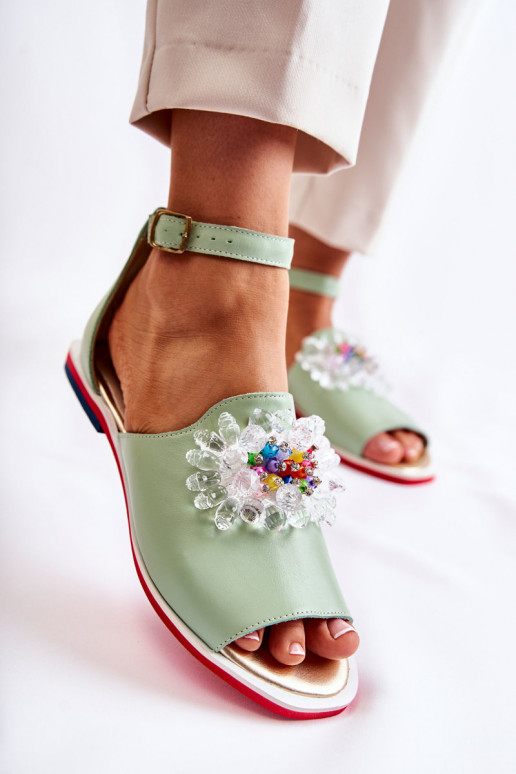 Dames Leer sandalen met ornamenten groene kleur Nevassa Dames Leer sandalen met ornamenten groene kleur Nevassa