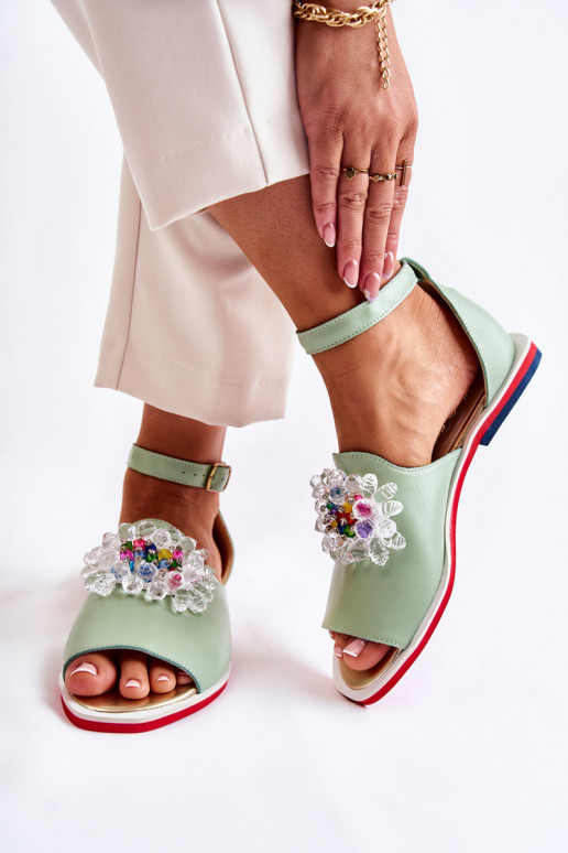 Dames Leer sandalen met ornamenten groene kleur Nevassa Dames Leer sandalen met ornamenten groene kleur Nevassa