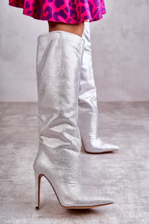 In de mode laarzen met dunne hakken met sprankelende gaten zilvere kleur Lovisa