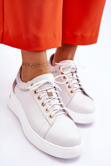 Dames leren sportieve schoenen met platform in witte kleur Caressa