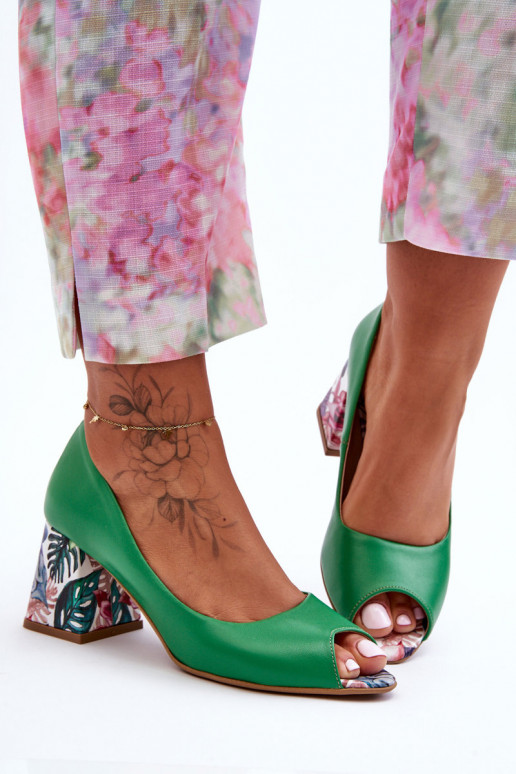 Leer Schoenen met versierde hakken LeInski Shoes 2608/K groene kleur Leer Schoenen met versierde hakken LeInski Shoes 2608/K groene kleur