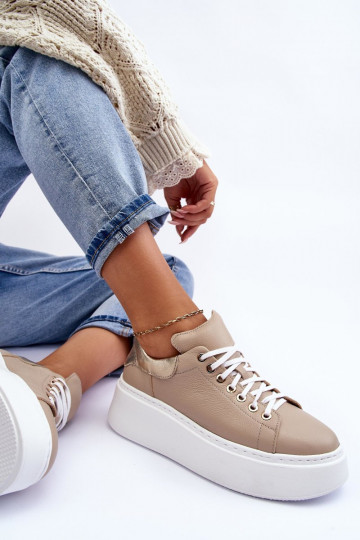 Dames leren sportieve schoenen met platform zandkleurig Lemar 10150