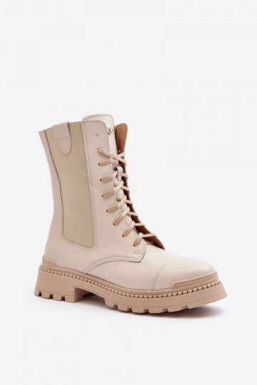 Dames leren werk enkellaarsjes met veters ivoorkleur Nicole 2836 2