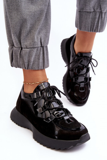 Dames leren sportschoenen met lak-effect M01/2 Zazoo zwarte kleur