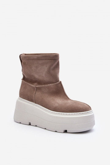 Leren dames enkellaarsjes met trendy zware zolen zandkleurig Zazoo 3424