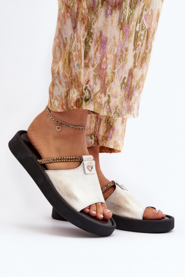 Zazoo 2896 Dames leren slippers in wit-goud 2