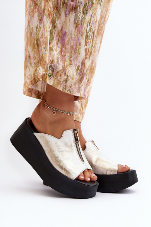 Zazoo 2916 Dames Slippers met platform met ritssluitingen gouden kleur Zazoo 2916 Dames Slippers met platform met ritssluitingen gouden kleur