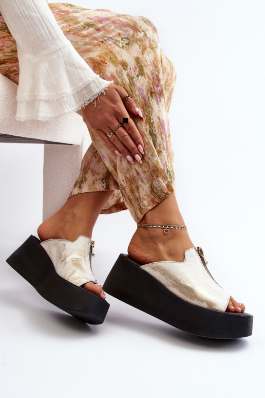 Zazoo 2916 Dames Slippers met platform met ritssluitingen gouden kleur Zazoo 2916 Dames Slippers met platform met ritssluitingen gouden kleur