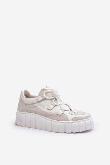 Zazoo M01/1 dames leren sportschoenen met platform, ivoorkleurig