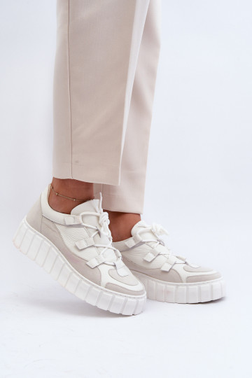 Zazoo M01/1 dames leren sportschoenen met platform, ivoorkleurig 2