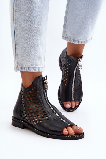 Zazoo 977/L leren geperforeerde sandalen zwart