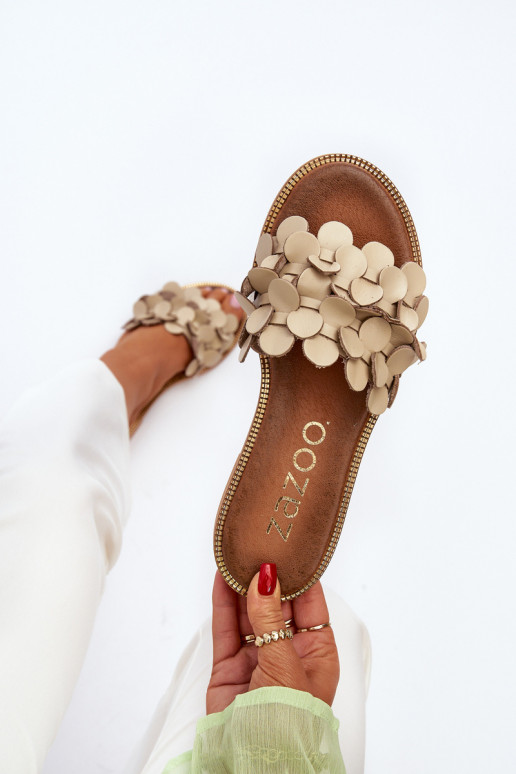 Zazoo 40381 Dames Leren pantoffels met brede hakken beige Zazoo 40381 Dames Leren pantoffels met brede hakken beige