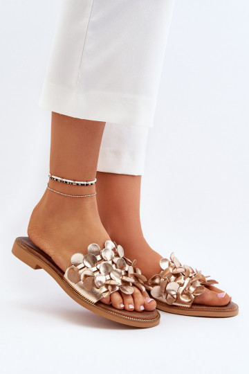 Zazoo 40381 dames leren slippers met brede hakken goudkleurig 2