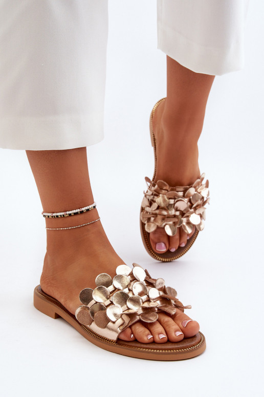 Zazoo 40381 Dames Leren pantoffels met brede hakken gouden kleur Zazoo 40381 Dames Leren pantoffels met brede hakken gouden kleur