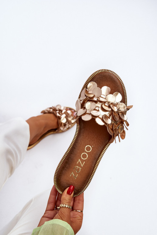 Zazoo 40381 Dames Leren pantoffels met brede hakken gouden kleur Zazoo 40381 Dames Leren pantoffels met brede hakken gouden kleur