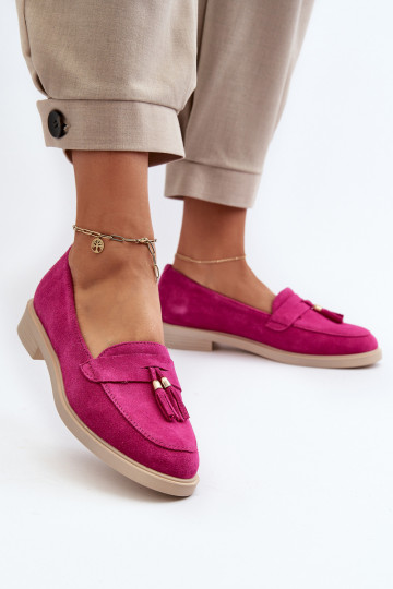 Zazoo 3420 Dames suède mocassins met brede hakken fuchsia