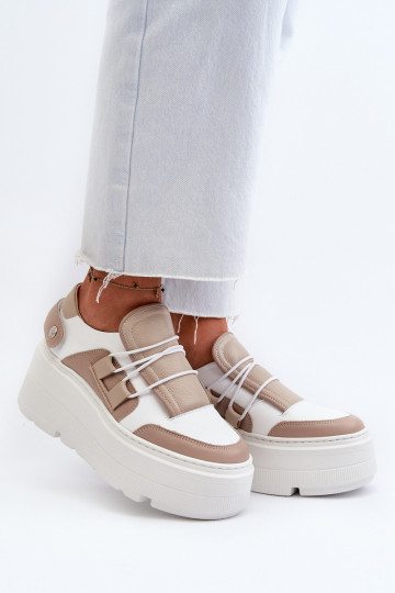 Zazoo 1833 leren dames schoenen in sportstijl met trendy zware zolen zand-wit