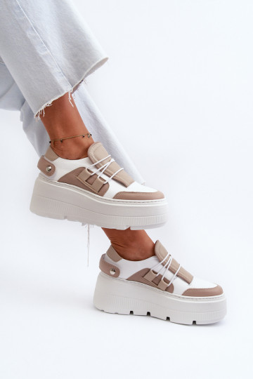 Zazoo 1833 leren dames schoenen in sportstijl met trendy zware zolen zand-wit 2