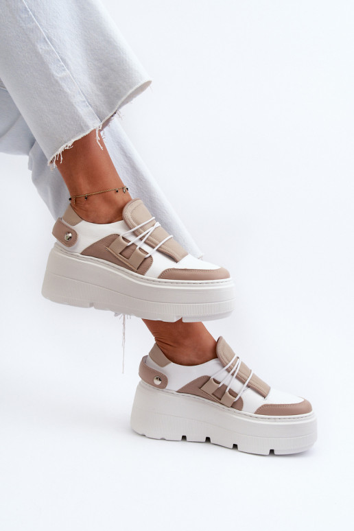 Zazoo 1833 Sneakers model schoenen Dames Leer met trendy massieve zolen beige-Initte kleur Zazoo 1833 Sneakers model schoenen Dames Leer met trendy massieve zolen beige-Initte kleur