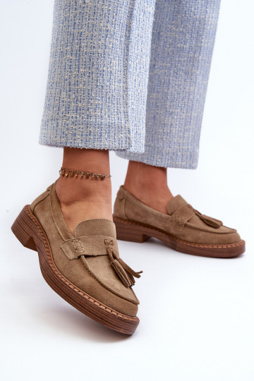 dames mocassins van suède met kInastjes D&A TIN107 bruine kleur