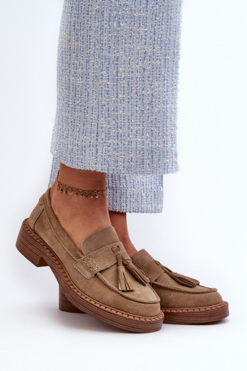 dames mocassins van suède met kInastjes D&A TIN107 bruine kleur 2