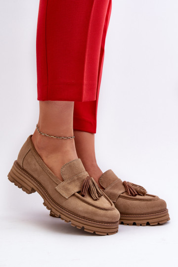 Zazoo 3469 suède vrouwen mocassins met franje zandkleurig 2