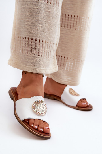 Zazoo 2938 leren slippers met brede hakken en ornamenten wit