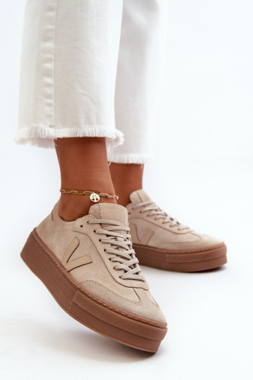 Zazoo N1100S2 suede sportieve schoenen dames met plateau zandkleurig