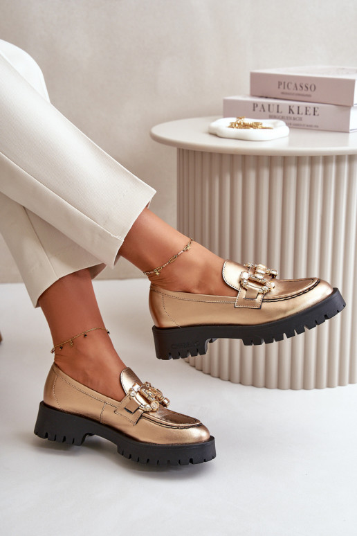 Dames Leer Mocassins met ornamenten CheBello 4369 gouden kleur