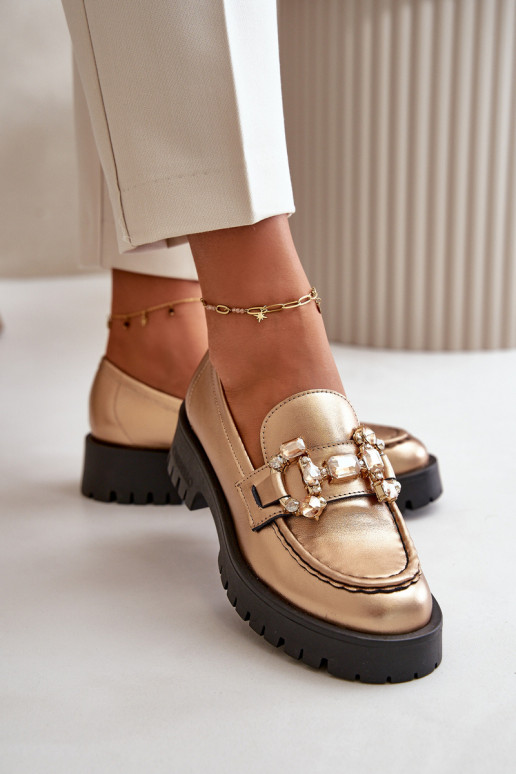 Dames Leer Mocassins met ornamenten CheBello 4369 gouden kleur