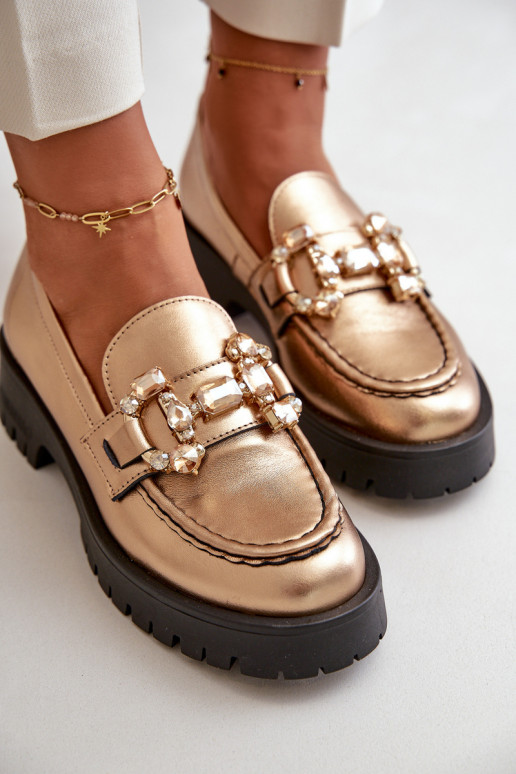 Dames Leer Mocassins met ornamenten CheBello 4369 gouden kleur