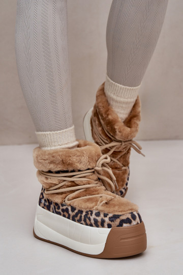 Dames leren sneeuwlaarzen op dikke zool met bont en leopardprint Big Star OO274A208 in bruin