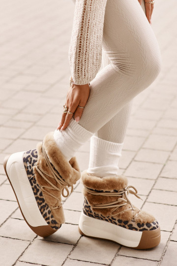 Dames leren sneeuwlaarzen op dikke zool met bont en leopardprint Big Star OO274A208 in bruin 2