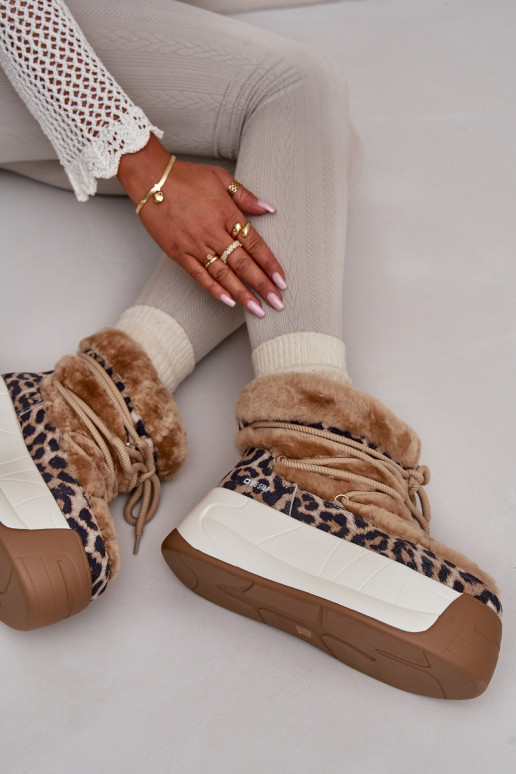 Leer SneeuIn laarzen Dames Op dikke zool met bont met luipaardbontpatronen Big Star OO274A208 bruine kleur Leer SneeuIn laarzen Dames Op dikke zool met bont met luipaardbontpatronen Big Star OO274A208 bruine kleur