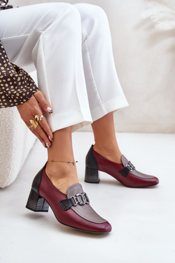 Leren schoenen met hakken en gouden details Laura Messi 2861, bordeaux kleur
