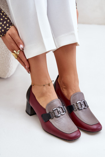 Leren schoenen met hakken en gouden details Laura Messi 2861, bordeaux kleur 2